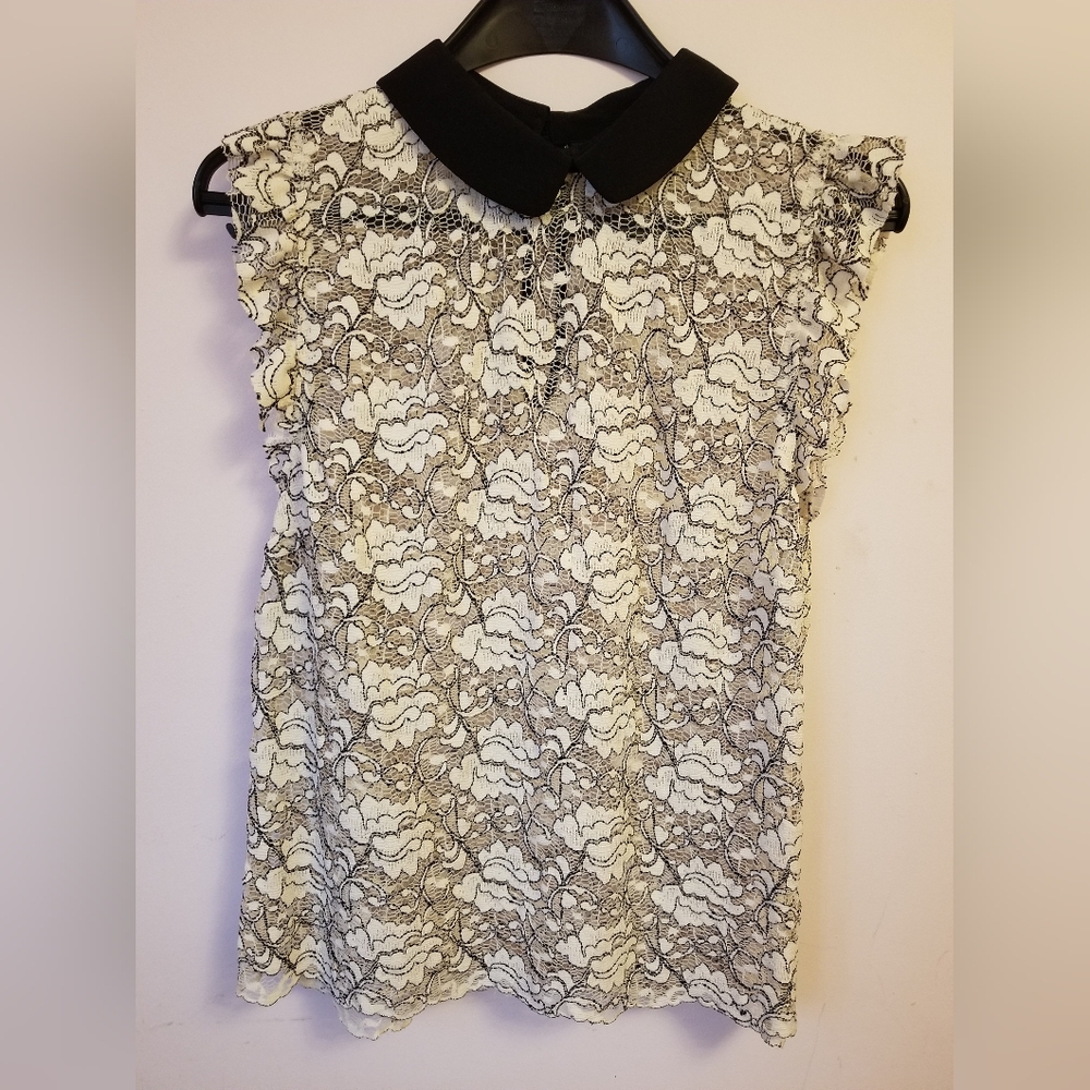 Zara Black Collar White Mesh Pattern Top